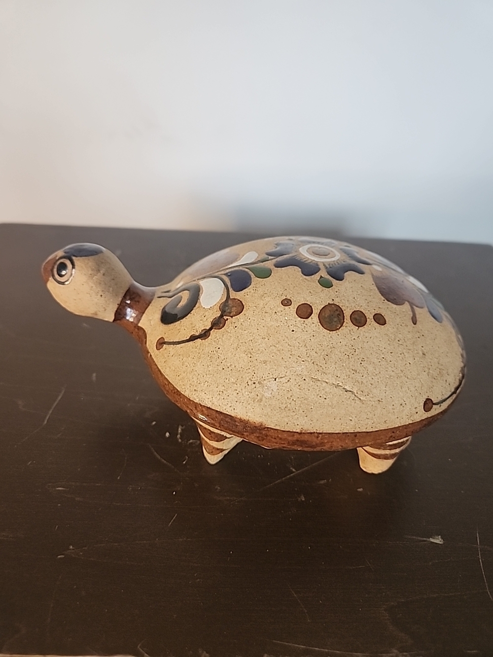Handcrafted Tonala Mexican Pottery Turtle  Beige and Brown with Blue Accents